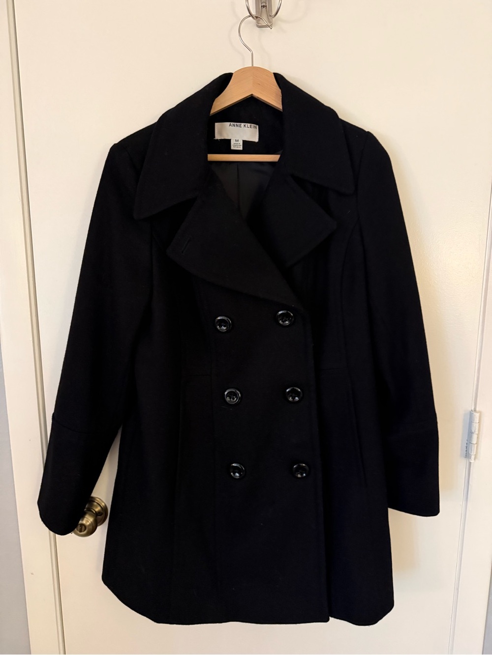 Anne Klein Black Double-Breasted Pea Coat with Wide Collar